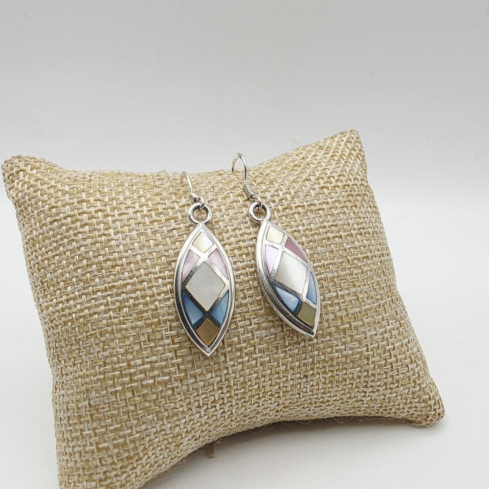 925 Sterling Silver Mother of Pearl Pastel Inlay Dangle Earrings